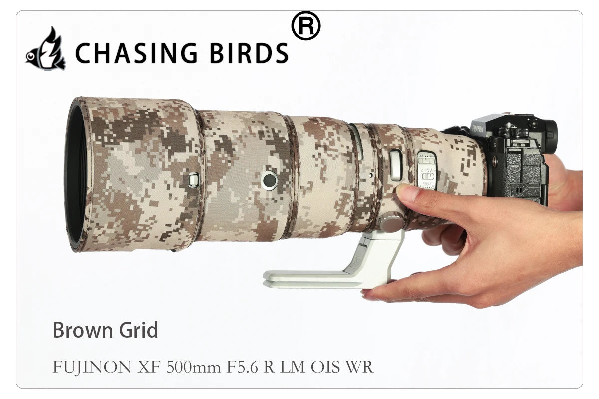 CHASING BIRDS Camouflage Lens Coat for Fujifilm XF 500mm F5.6 R LM OIS WR elastic Waterproof and Rainproof xf 500 Lens cover Brown Grid China Mainland