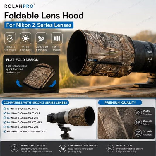 RolanPro Foldable Lens Hood for Nikon Z 800mm / 600mm / 400mm / 180-600mm – Camo Lens Shade