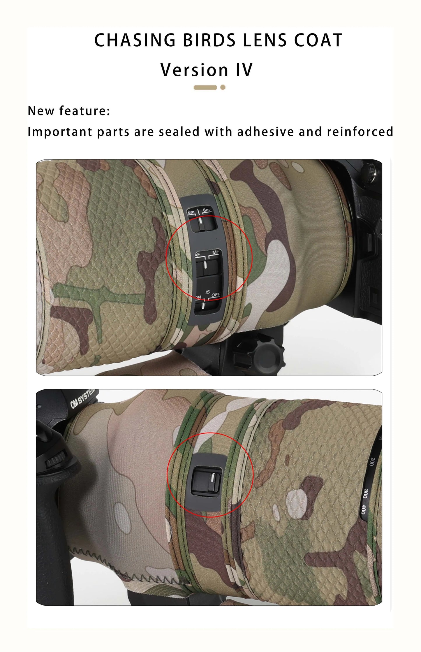 CHASING BIRDS camouflage lens coat for Olympus 100-400mm F5-6.3 IS ED MSC elastic waterproof and rainproof OM 100400 lens cover